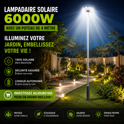 LAMPADAIRE SOLAIRE 6000W AVEC TELECOMMANDE SANS ELECTRICITE NI CABLE NI FIL