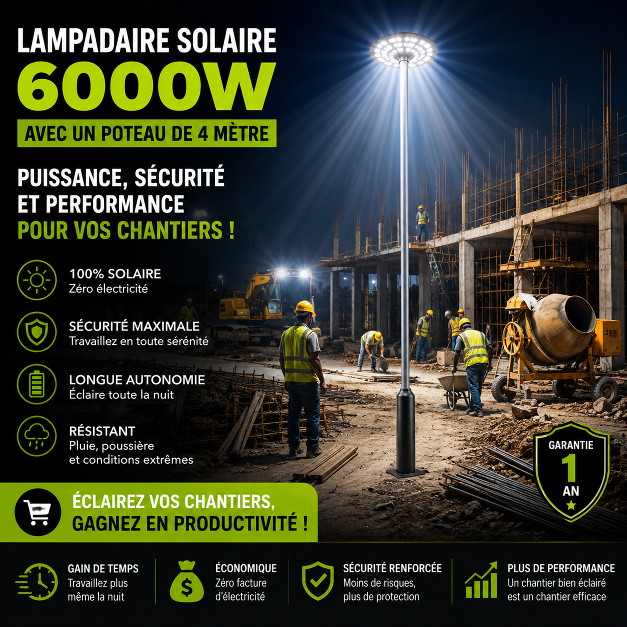 LAMPADAIRE SOLAIRE 6000W AVEC TELECOMMANDE SANS ELECTRICITE NI CABLE NI FIL