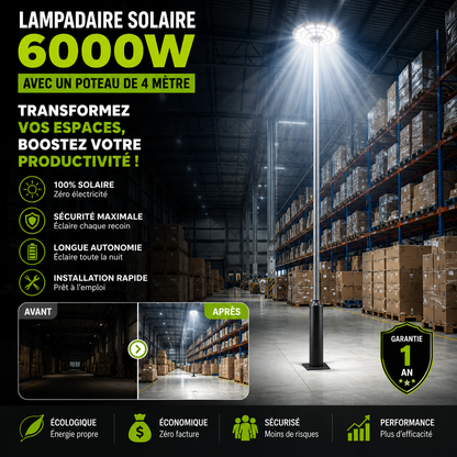 LAMPADAIRE SOLAIRE 6000W AVEC TELECOMMANDE SANS ELECTRICITE NI CABLE NI FIL