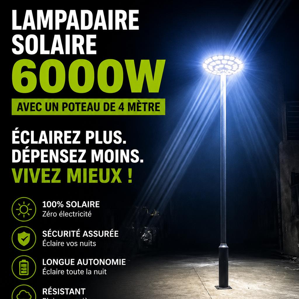 LAMPADAIRE SOLAIRE 6000W AVEC TELECOMMANDE SANS ELECTRICITE NI CABLE NI FIL