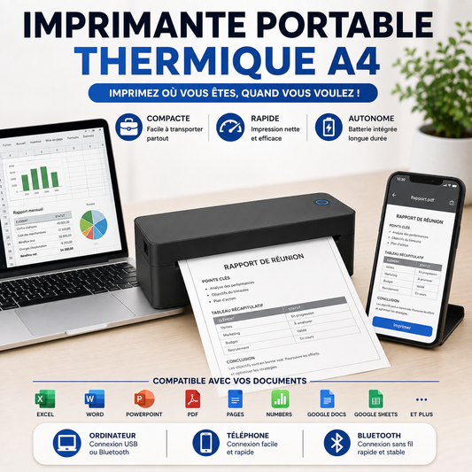 IMPRIMANTE PORTABLE THERMIQUE A4 BT, SANS ENCRE, SANS FIL, RECGANGEABLE