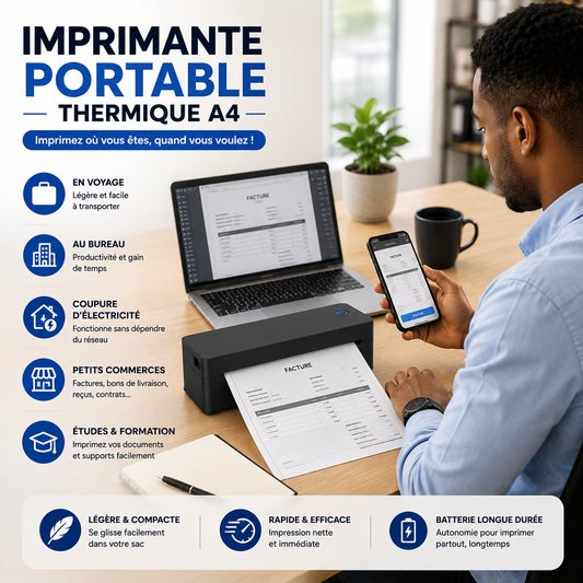 IMPRIMANTE PORTABLE THERMIQUE A4 BT, SANS ENCRE, SANS FIL, RECGANGEABLE