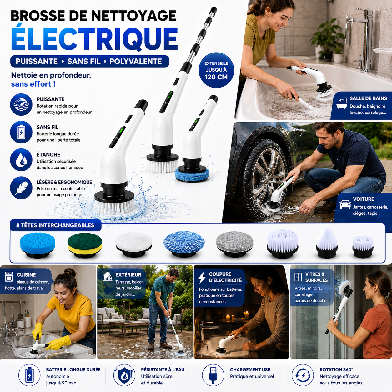 Brosse de Nettoyage Électrique Sans Fil – 8 Têtes & Manche Télescopique