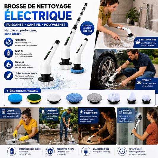 Brosse de Nettoyage Électrique Sans Fil – 8 Têtes & Manche Télescopique