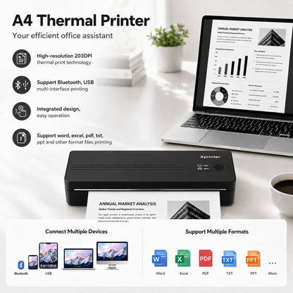 IMPRIMANTE PORTABLE THERMIQUE A4 BT, SANS ENCRE, SANS FIL, RECGANGEABLE